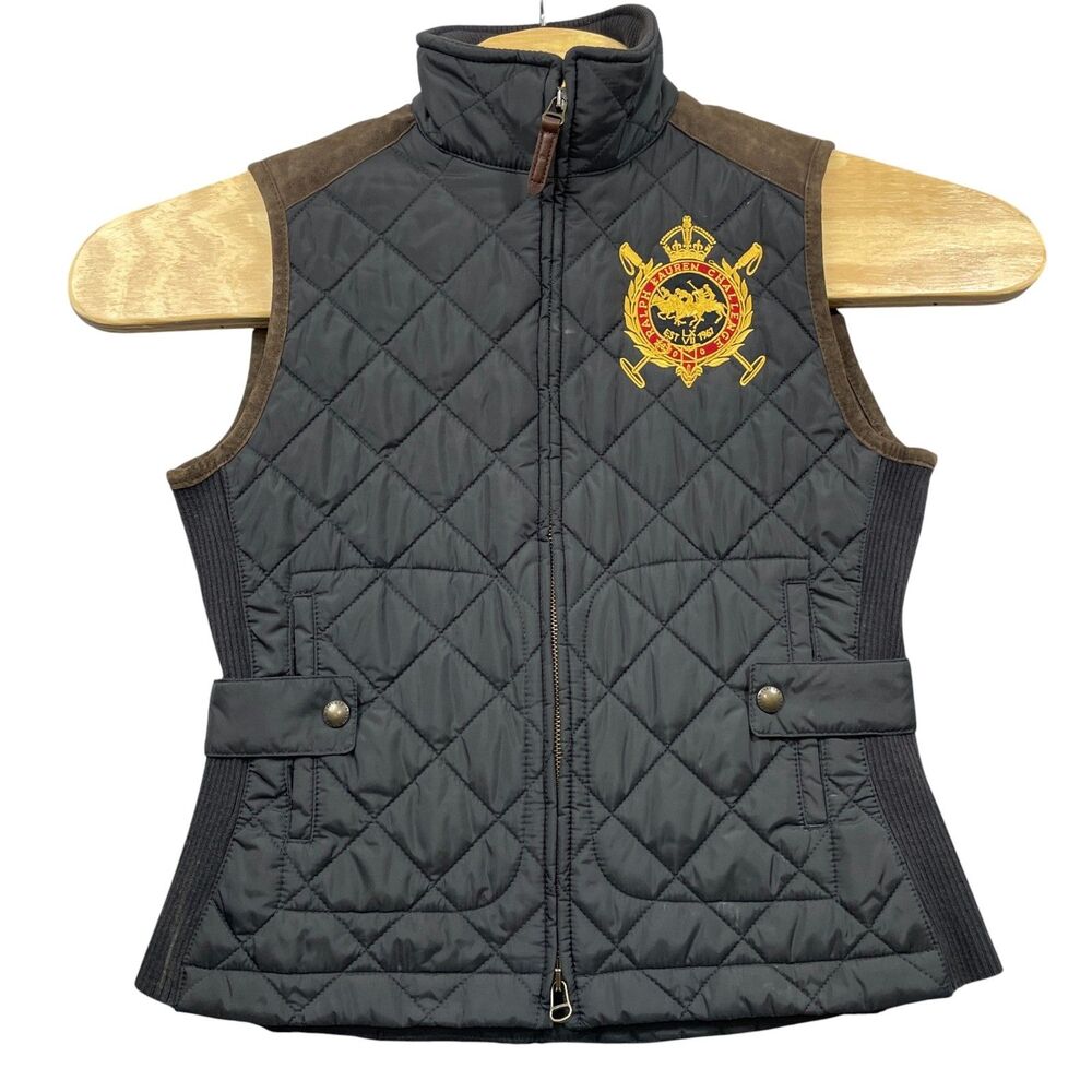 Ralph Lauren‎ Sport Medium Navy Brown Quilted Vest Leather Trim Full Zip Womens
